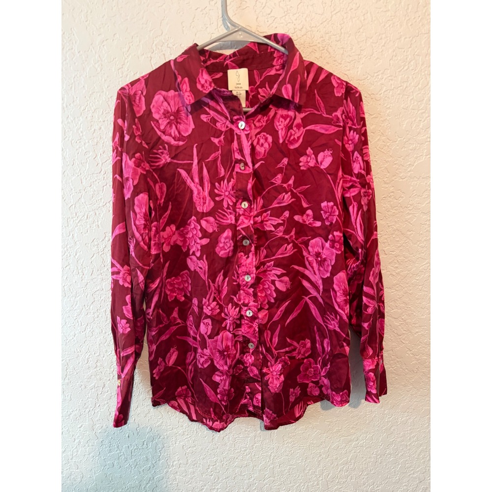 Joie Floral Silk Button Down Shirt Size S Magenta Pink Burgundy Long Sleeve